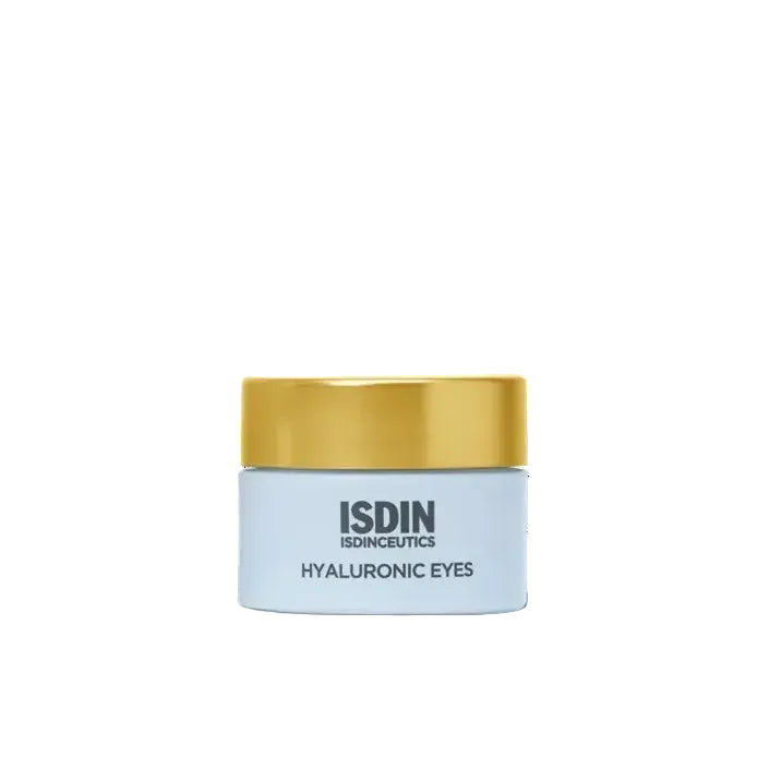 Isdin cosmetic jar with gold lid on a white background
