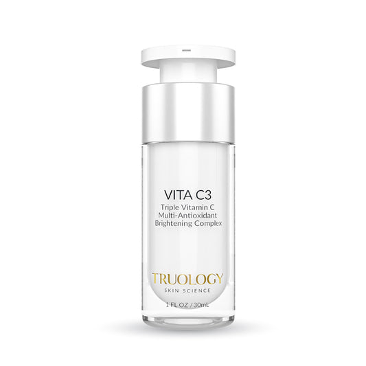 Vita C3 skincare serum bottle with Truology branding on a white background