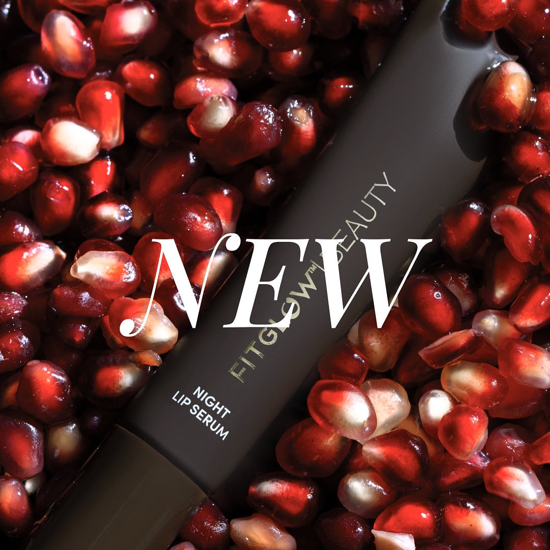 Lip serum with 'NEW' text on a background of pomegranate seeds, FitGlow Beauty brand visible