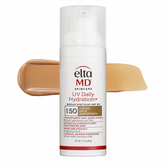 Eltma MD UV Daily Hydration+ Tinted Face Sunscreen with a swatch of brown color on a white background