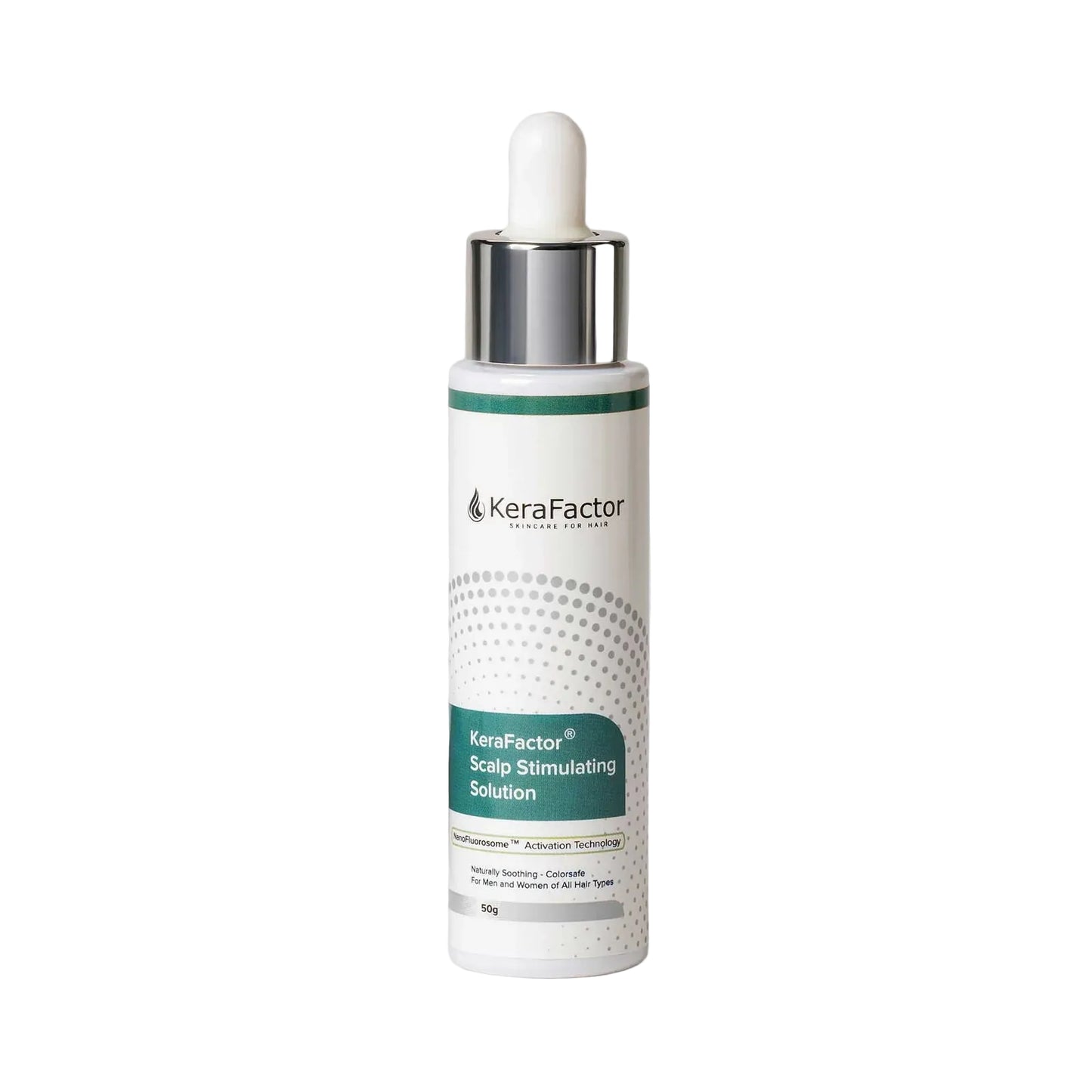 KeraFactor scalp stimulating solution bottle with a white background. White bottle with green 
