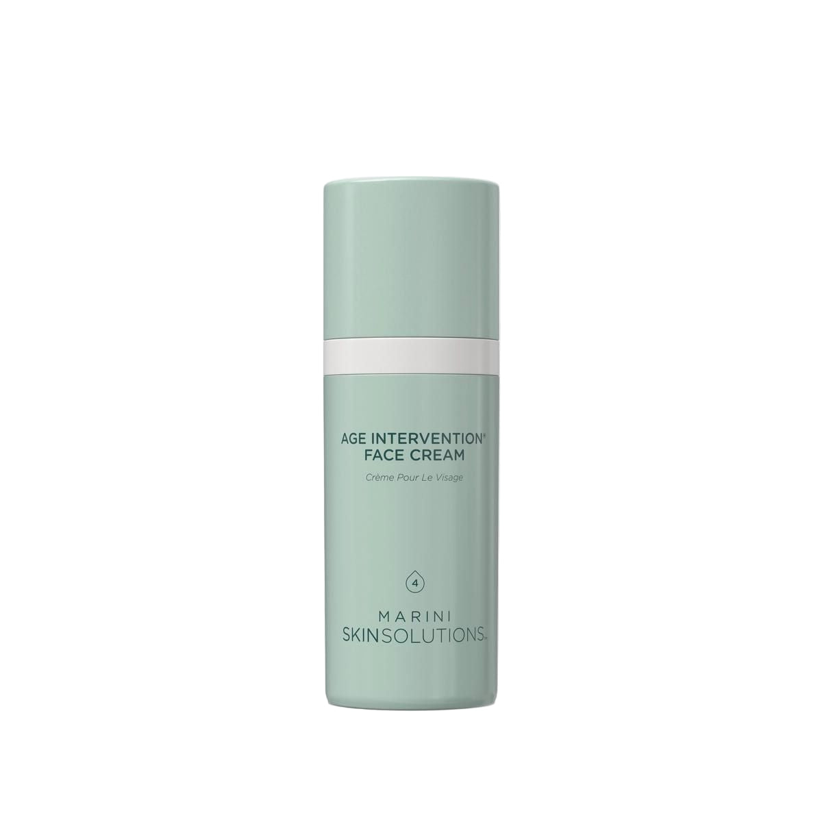 Green face cream bottle labeled 'Age Intervention Face Cream' by Marini Skinsolutions on a white background