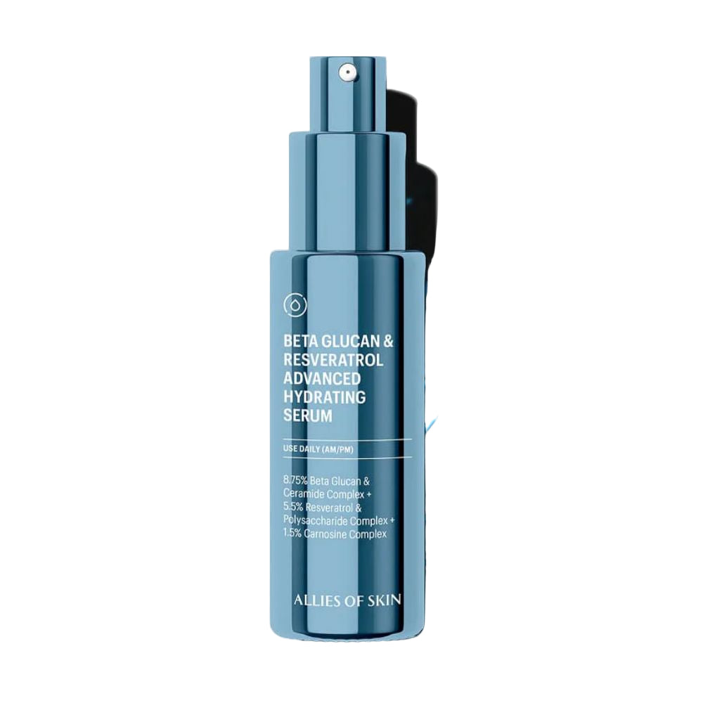 Blue serum bottle with text on a white background