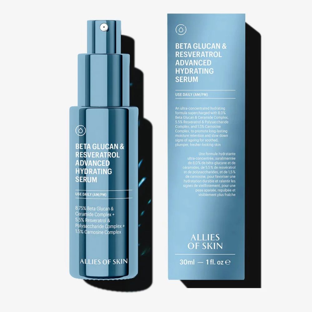 Beta Glucan & Resveratrol Advanced Hydrating Serum by Allies of Skin with packaging on a white background