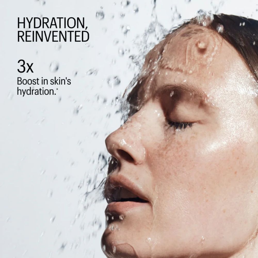 Person with water droplets on face, text 'Hydration, Reinvented' and '3x Boost in skin's hydration'.