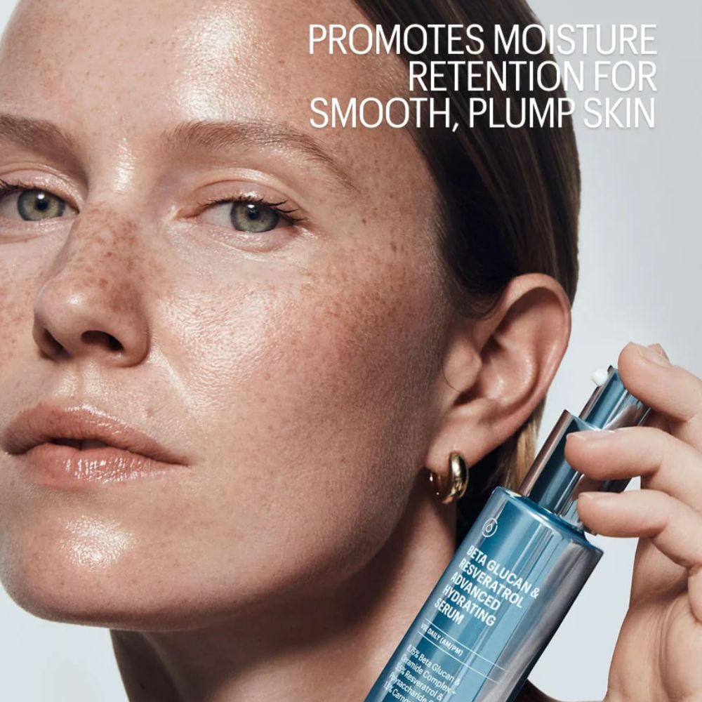Woman holding a skincare product with text promoting moisture retention for smooth, plump skin.