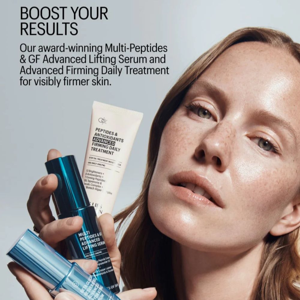 Woman holding skincare products with text about multi-peptides and GF Advanced Lifting Serum.