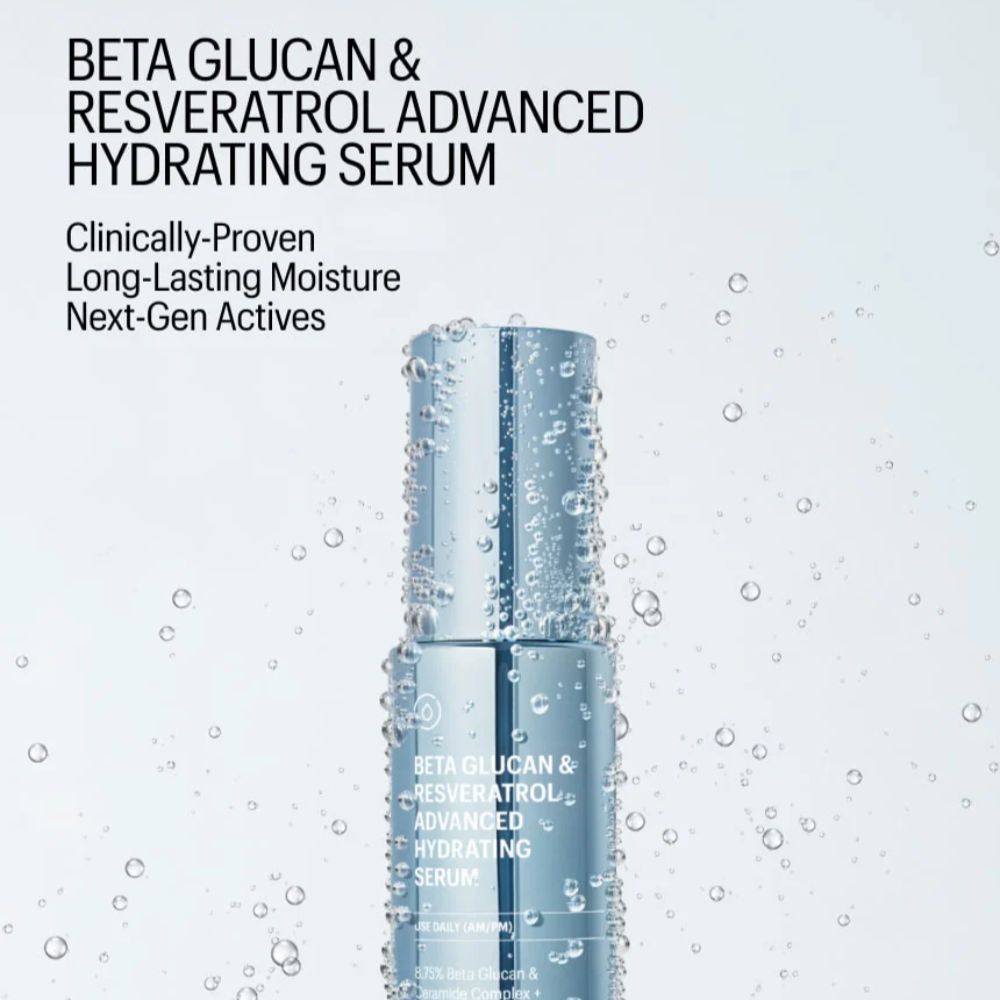 Beta Glucan & Resveratrol Advanced Hydrating Serum bottle with water droplets on a light gray background