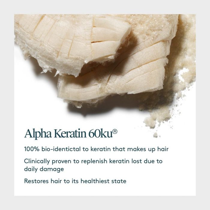 Close-up of Alpha Keratin 60ku product with text about its properties on a white background