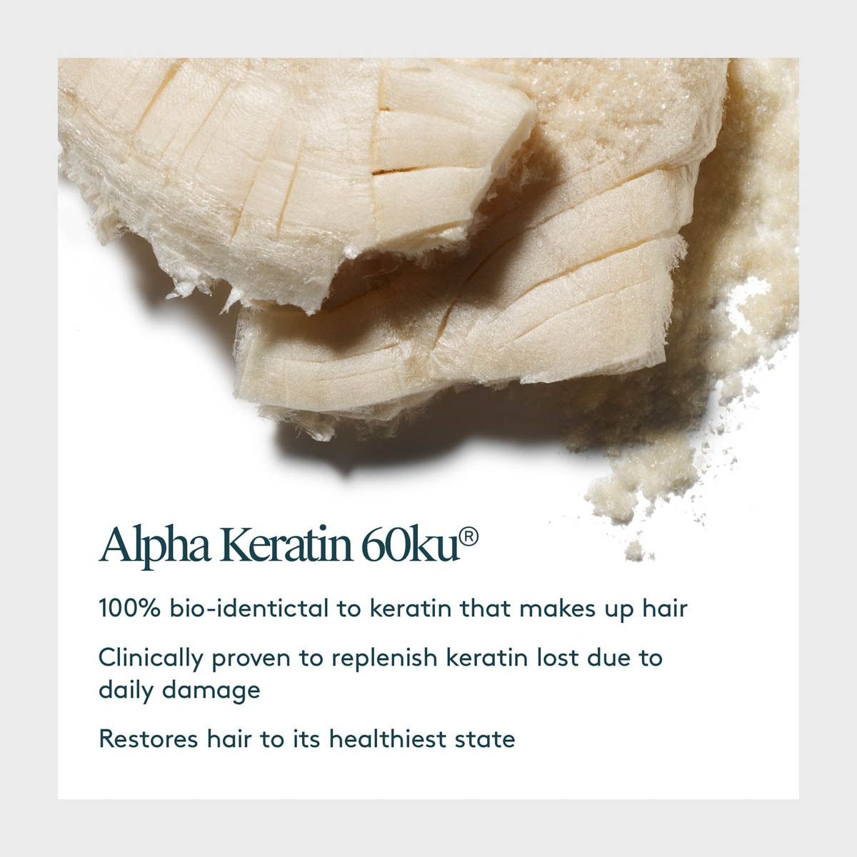Close-up of Alpha Keratin 60ku with text about its properties on a white background