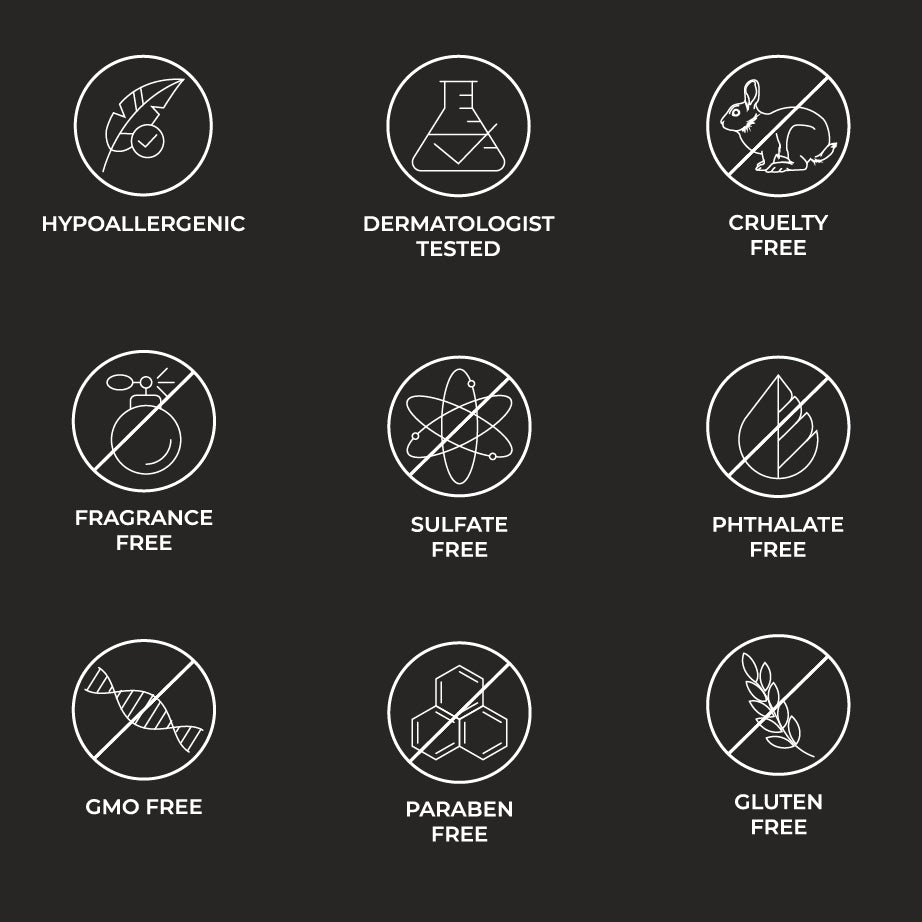 Set of icons indicating product safety and formulation features on a black background