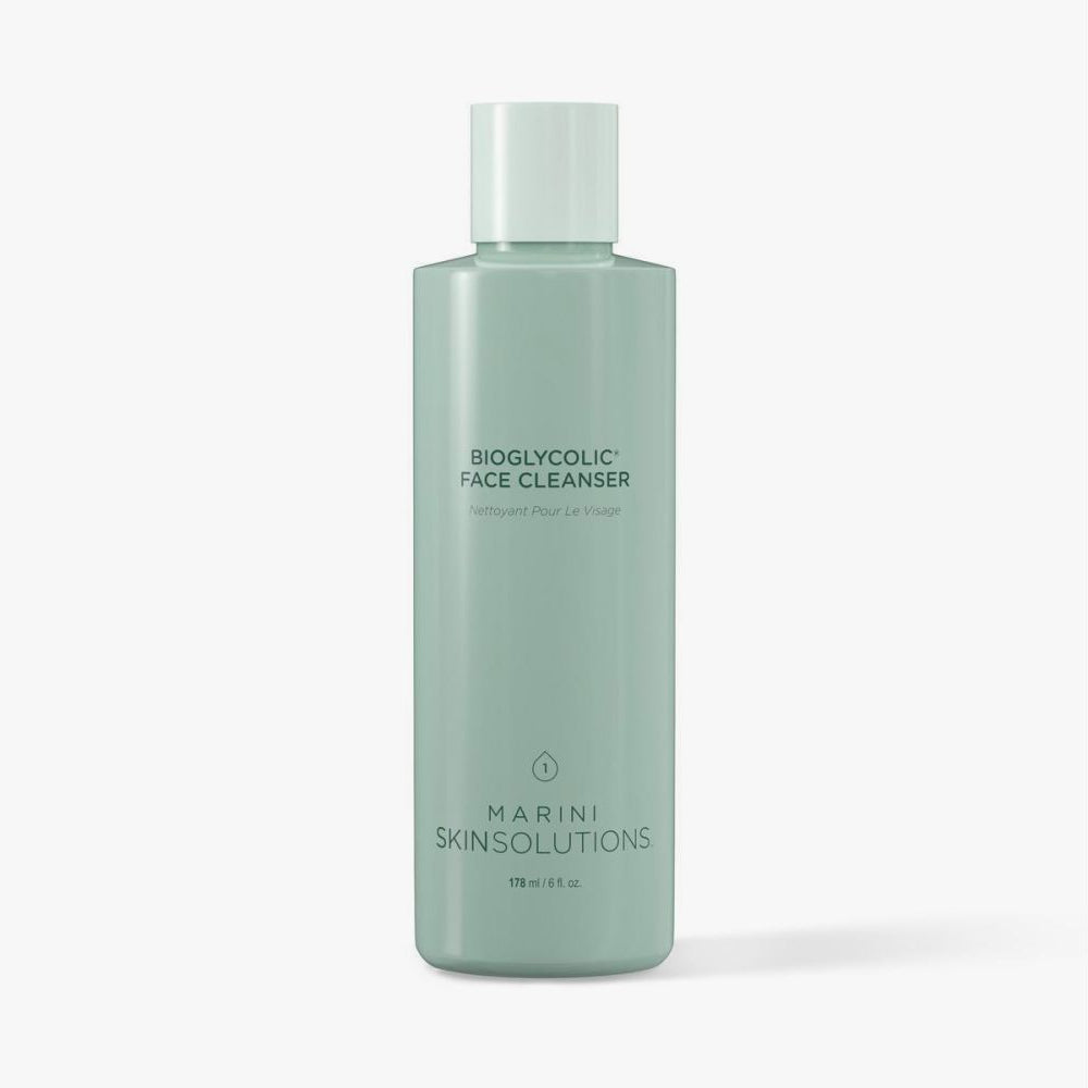 Green bottle of Bioglycolic Face Cleanser by Marini Skinsolutions on a white background