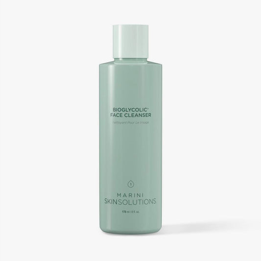 Green bottle of Bioglycolic Face Cleanser by Marini Skinsolutions on a white background