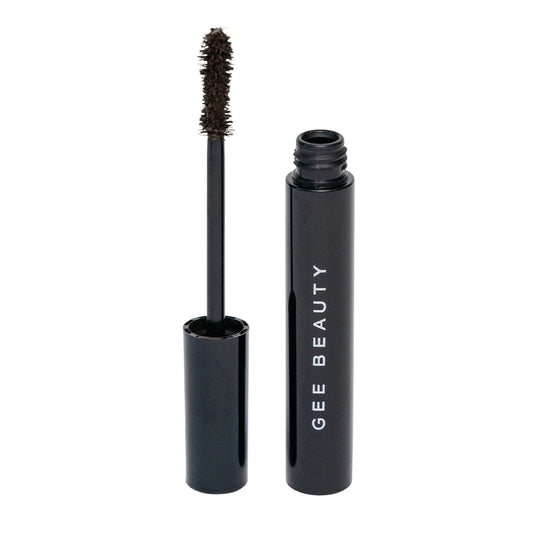 Black mascara with brush and 'Gee Beauty' branding on a white background