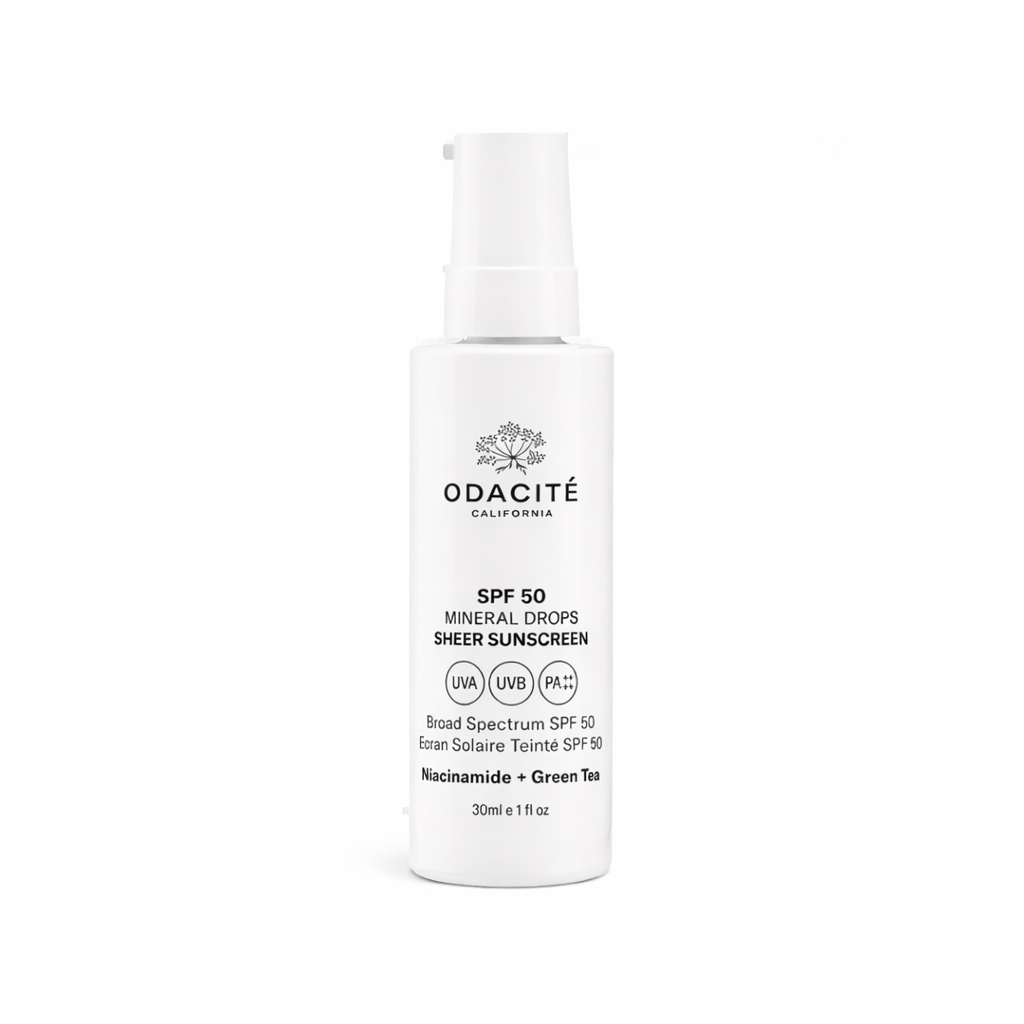 Odacite SPF 50 Mineral Drops Sheer Sunscreen on white background