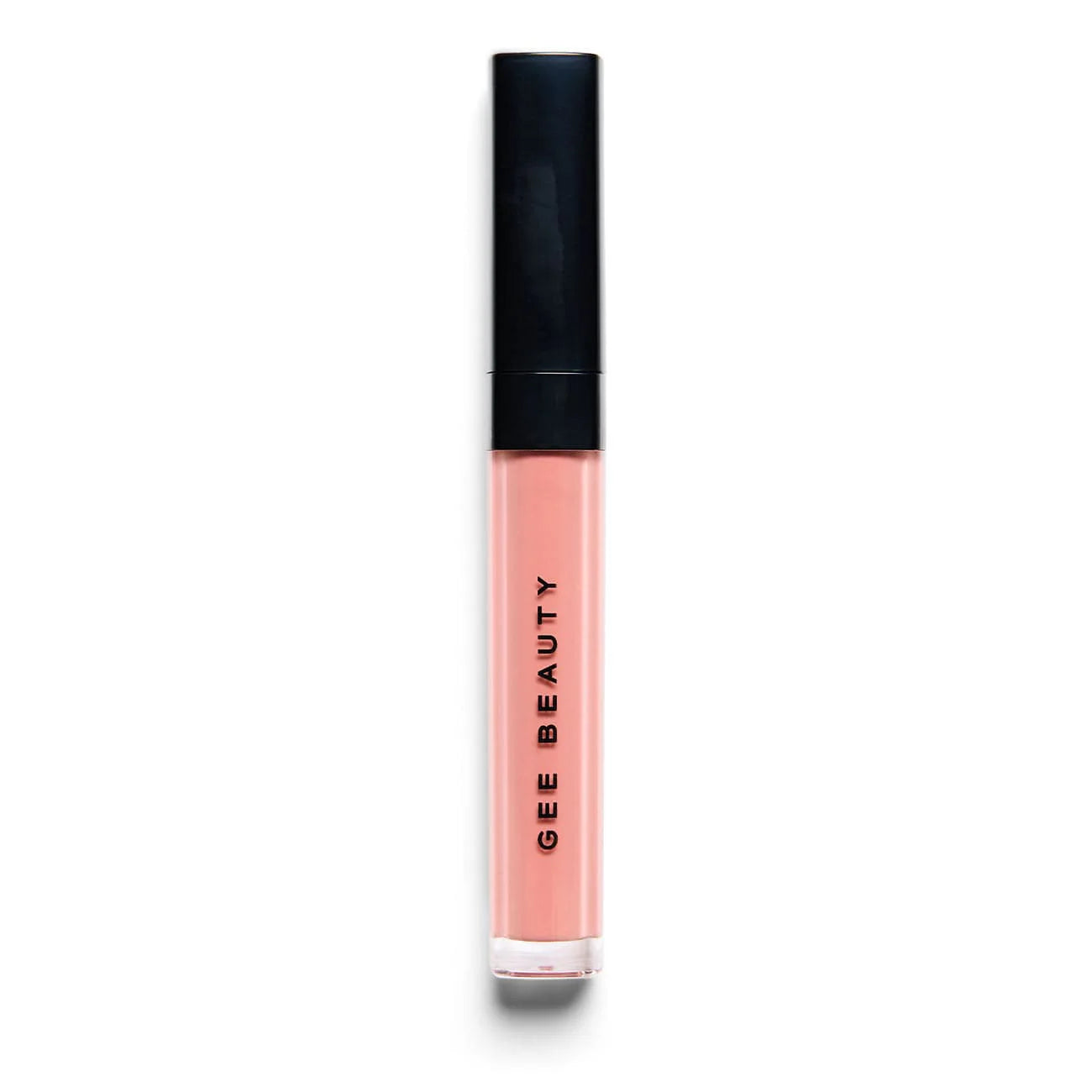 Lip gloss with black cap and pink body on white background, featuring 'Gee Beauty' brand.