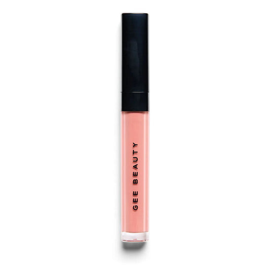 Lip gloss with black cap and pink body on white background, featuring 'Gee Beauty' brand.