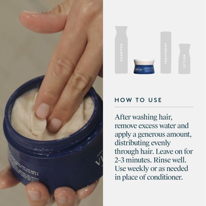 Hand applying hair product from a jar with styling product packaging and usage instructions on the side.