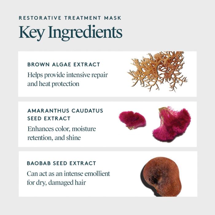 Restorative treatment mask key ingredients with images of brown algae, amaranthus caudatus seed, and baobab seed.