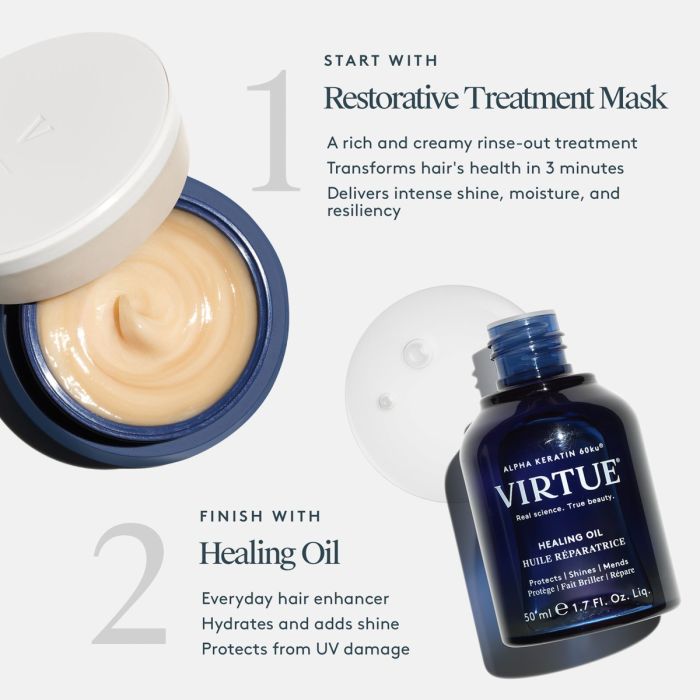 Virtue Restorative Treatment Mask and Healing Oil on a white background