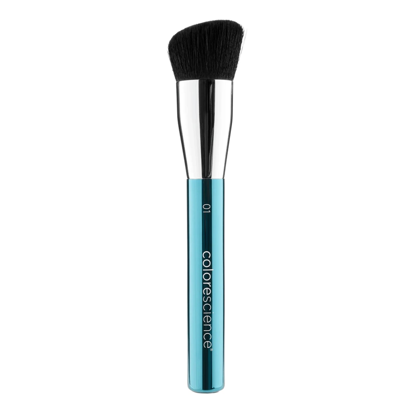 Makeup brush with black bristle head and blue handle on a white background