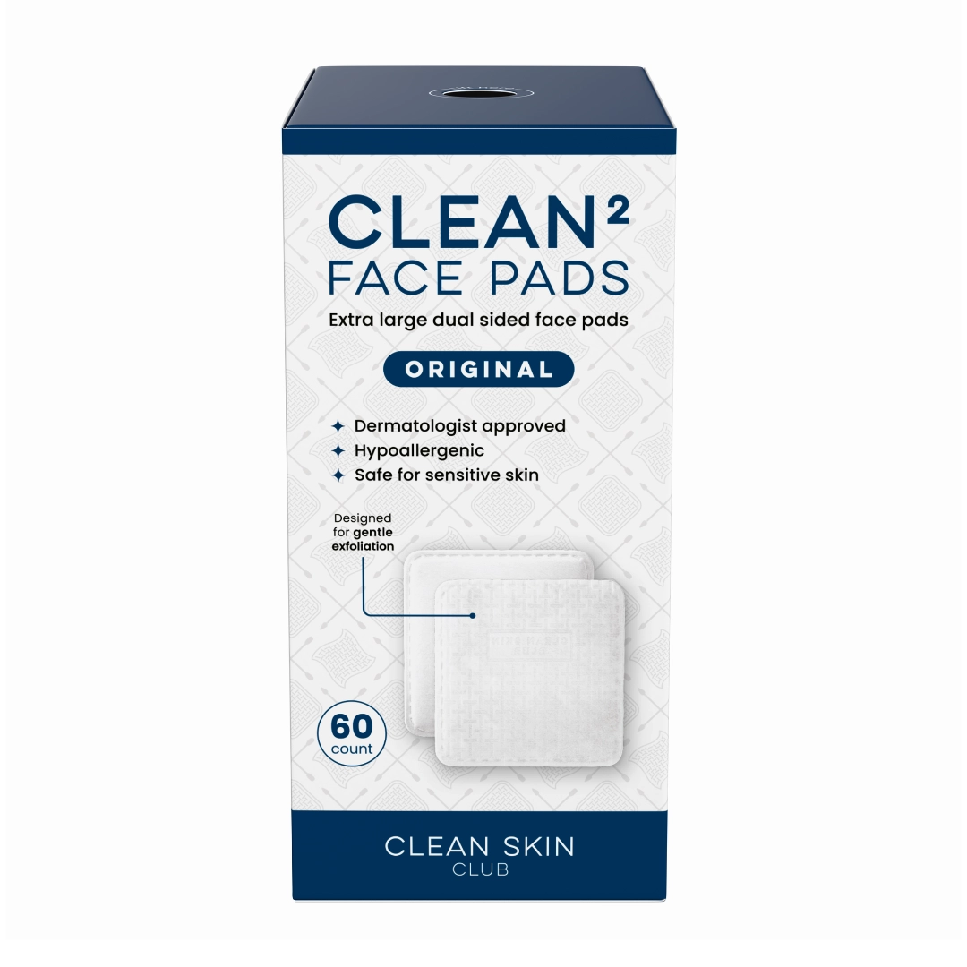 Box of Clean Skin Club Clean² Face Pads with branding and product details on a white background