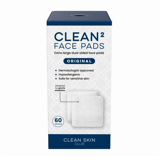 Box of Clean Skin Club Clean² Face Pads with branding and product details on a white background