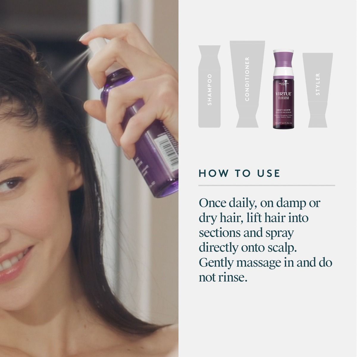 Person using a purple hair care product with product packaging and usage instructions on a white background.