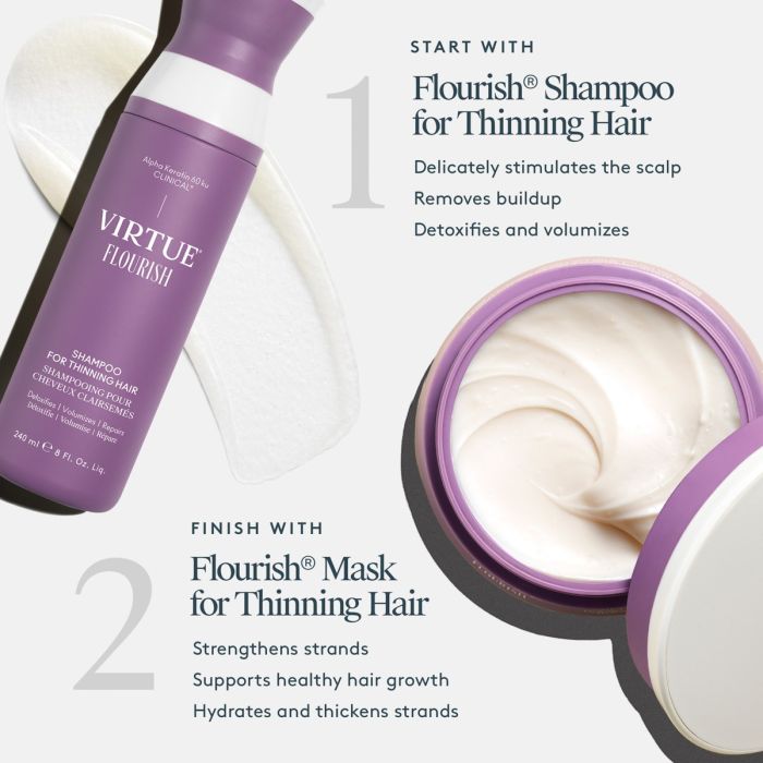 Virtue Flourish shampoo and mask for thinning hair on a white background