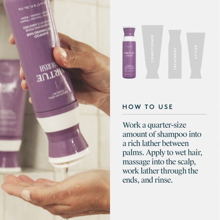 Purple shampoo bottle being held with product packaging and usage instructions on a white background