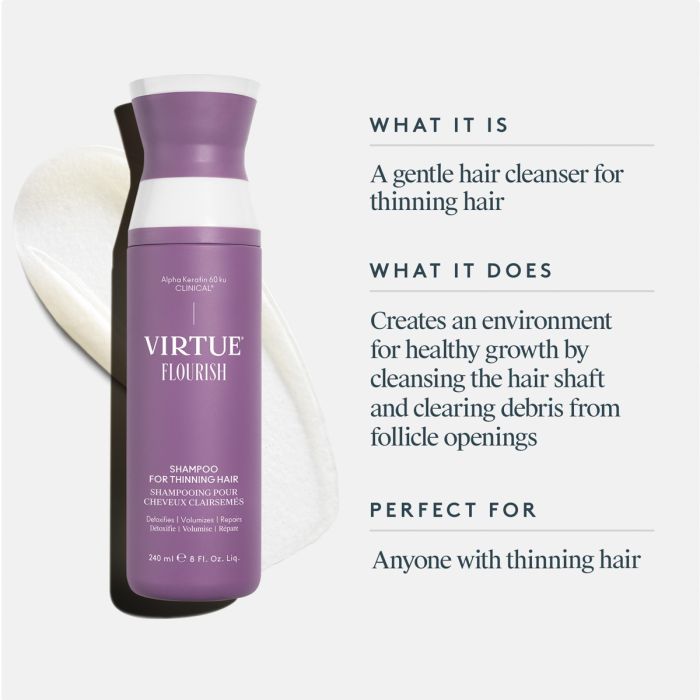 Virtue Flourish shampoo bottle with product description text on a white background
