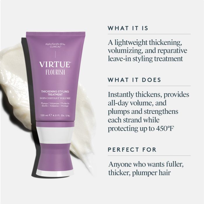Virtue Flourish leave-in styling treatment tube with product description text on a white background