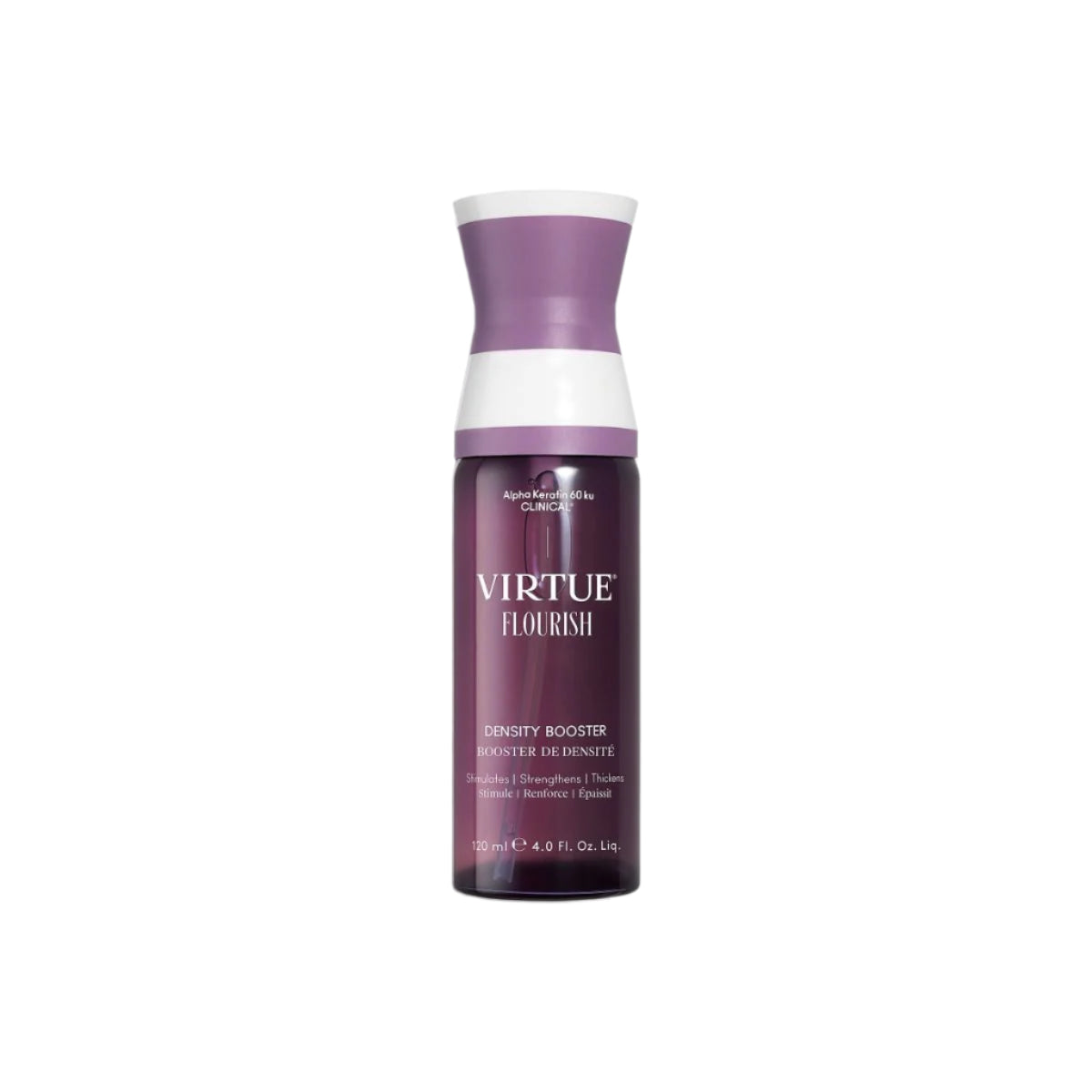 Purple bottle with white cap labeled 'Virtue Flourish' on a light gray background