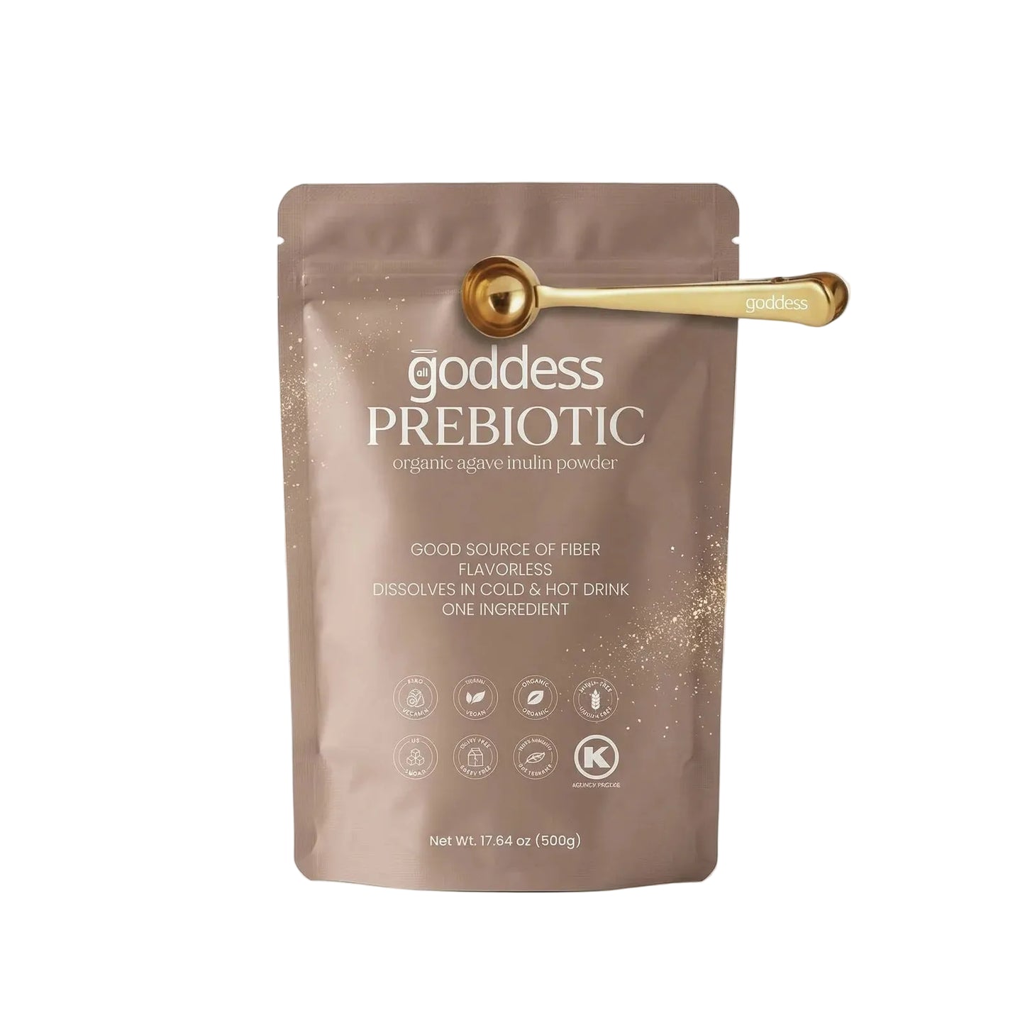 Goddess Prebiotic packaging with a gold scoop on a light background