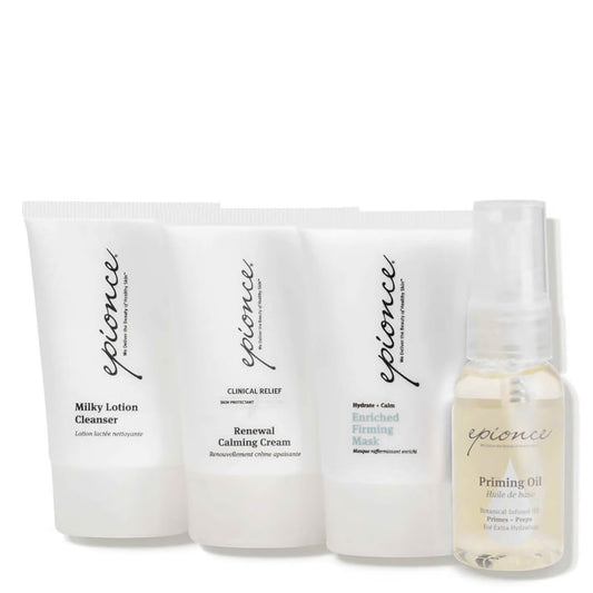 Epionce skincare product set including Milky Lotion Cleanser, Renewal Calming Cream, Enriched Firming Mask, and Priming Oil on a white background.