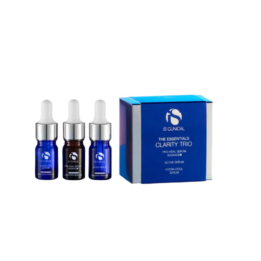 Set of three blue essential oil bottles with a packaging box on a gradient blue background