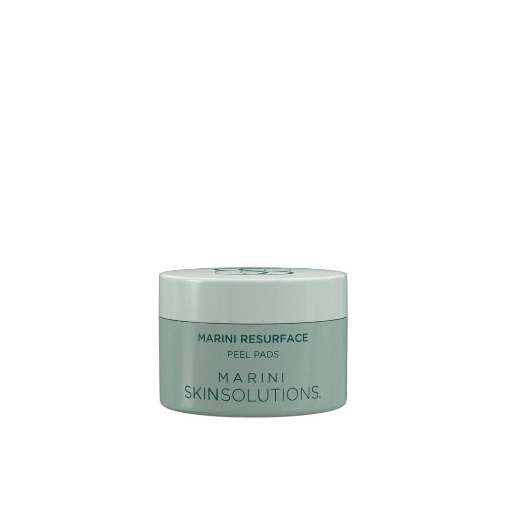 Green jar of Marini Skinsolutions peel pads on a white background