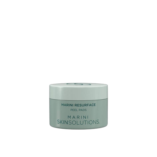Green jar of Marini Skinsolutions peel pads on a white background
