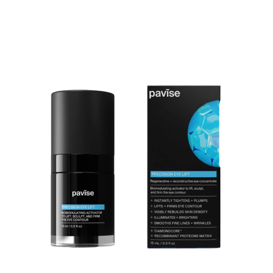 Pavise eye cream bottle and packaging on a light gray background