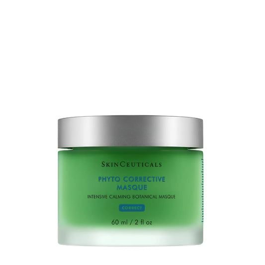 Green jar of SkinCeuticals Phyto Corrective Masque with silver lid on a white background