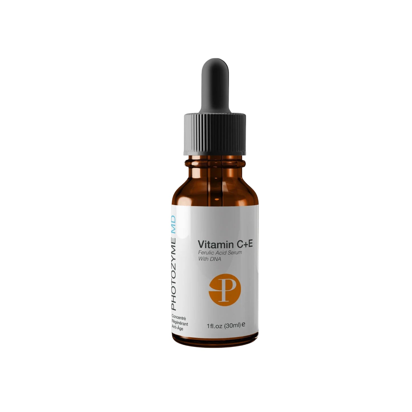 Vitamin C+E serum bottle with dropper on a white background
