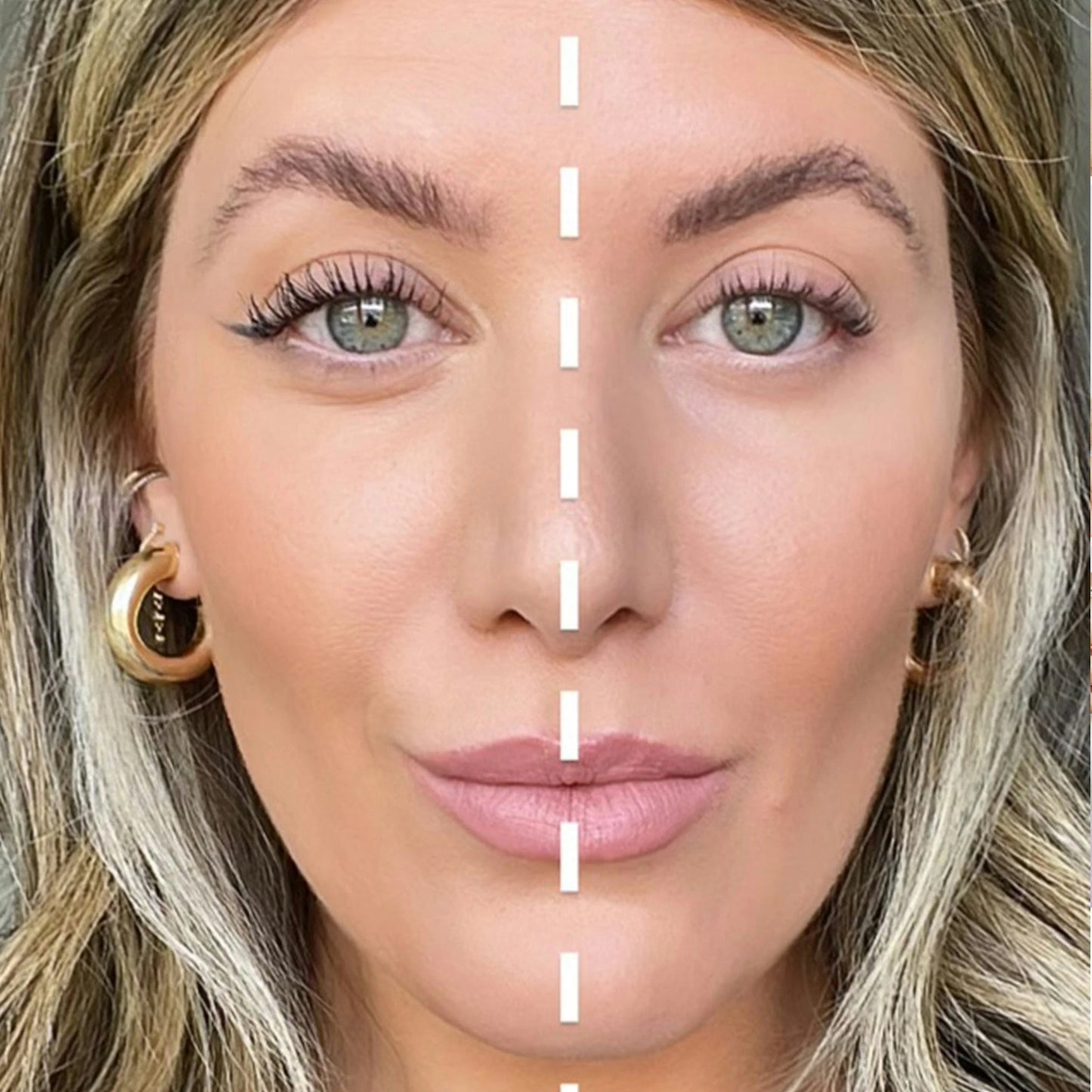 Close-up of a woman's face with a white line dividing her face into two sections.