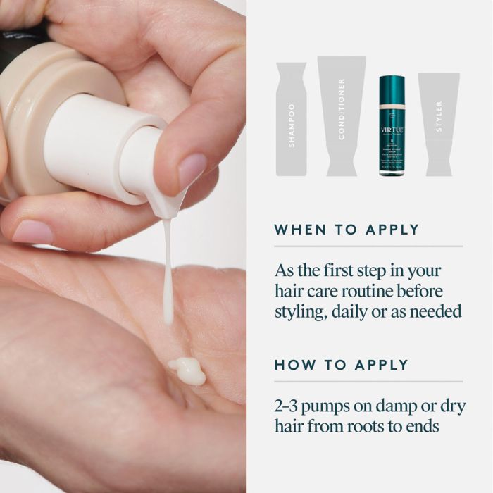 Hand applying a white cream from a pump bottle with product packaging and usage instructions on the right.