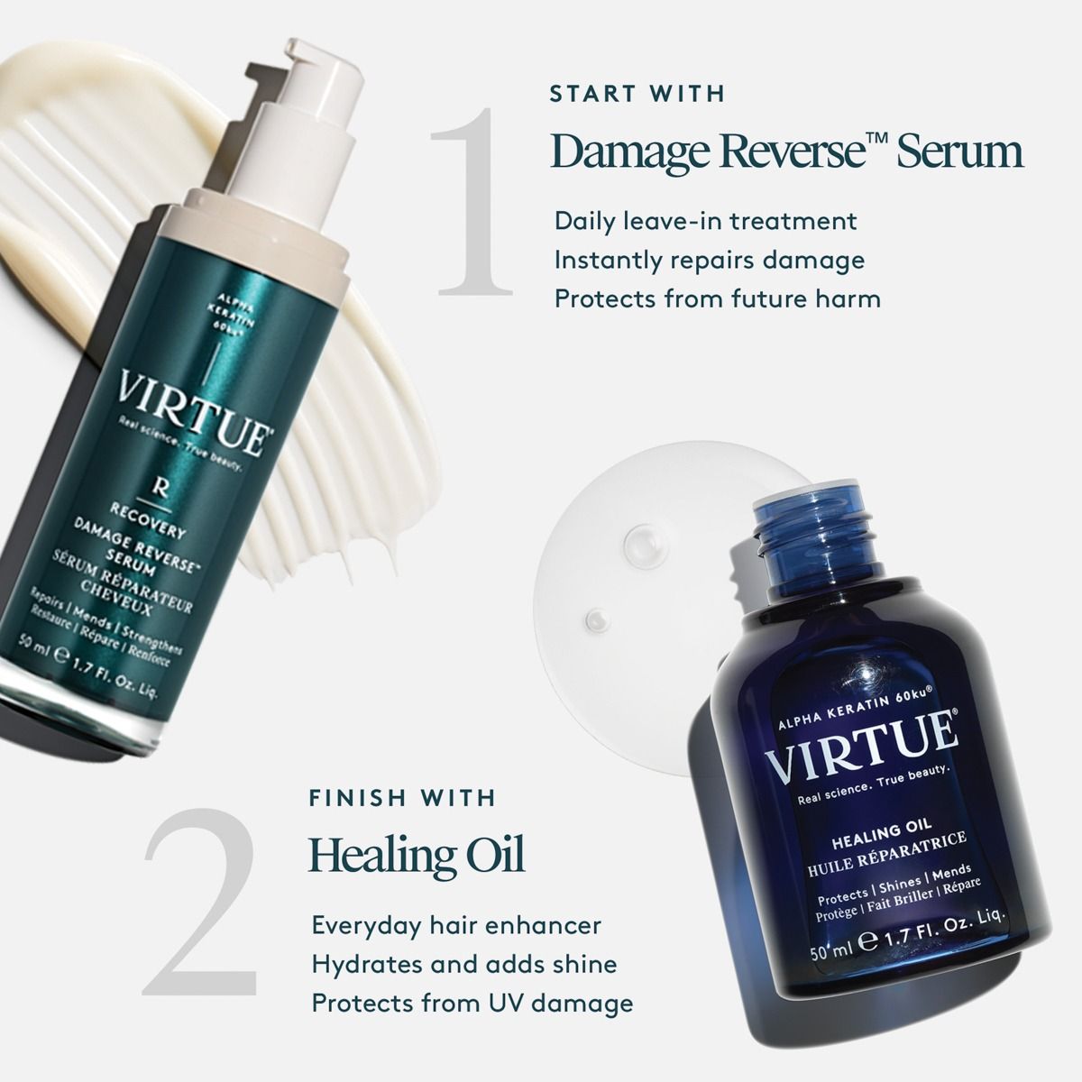 Virtue Damage Reverse Serum and Healing Oil with product details on a white background