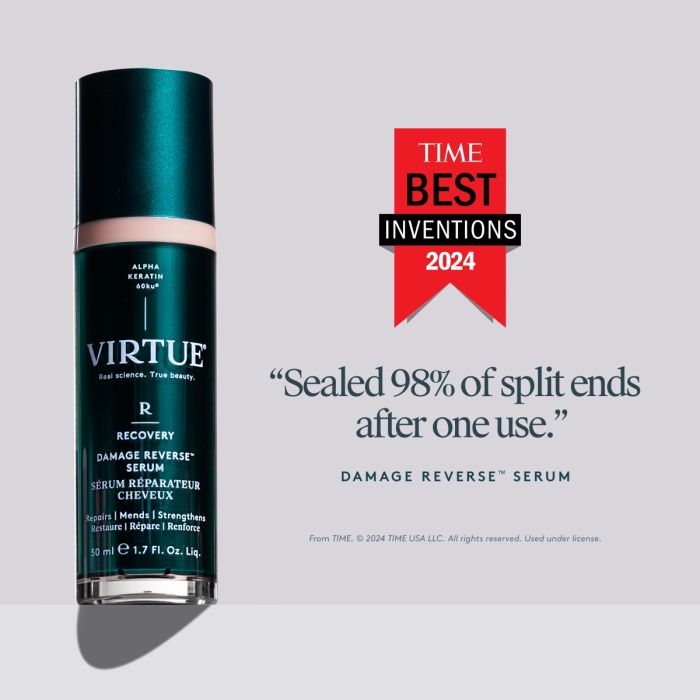 Virtue hair serum bottle with TIME Best Inventions 2024 award on a gray background
