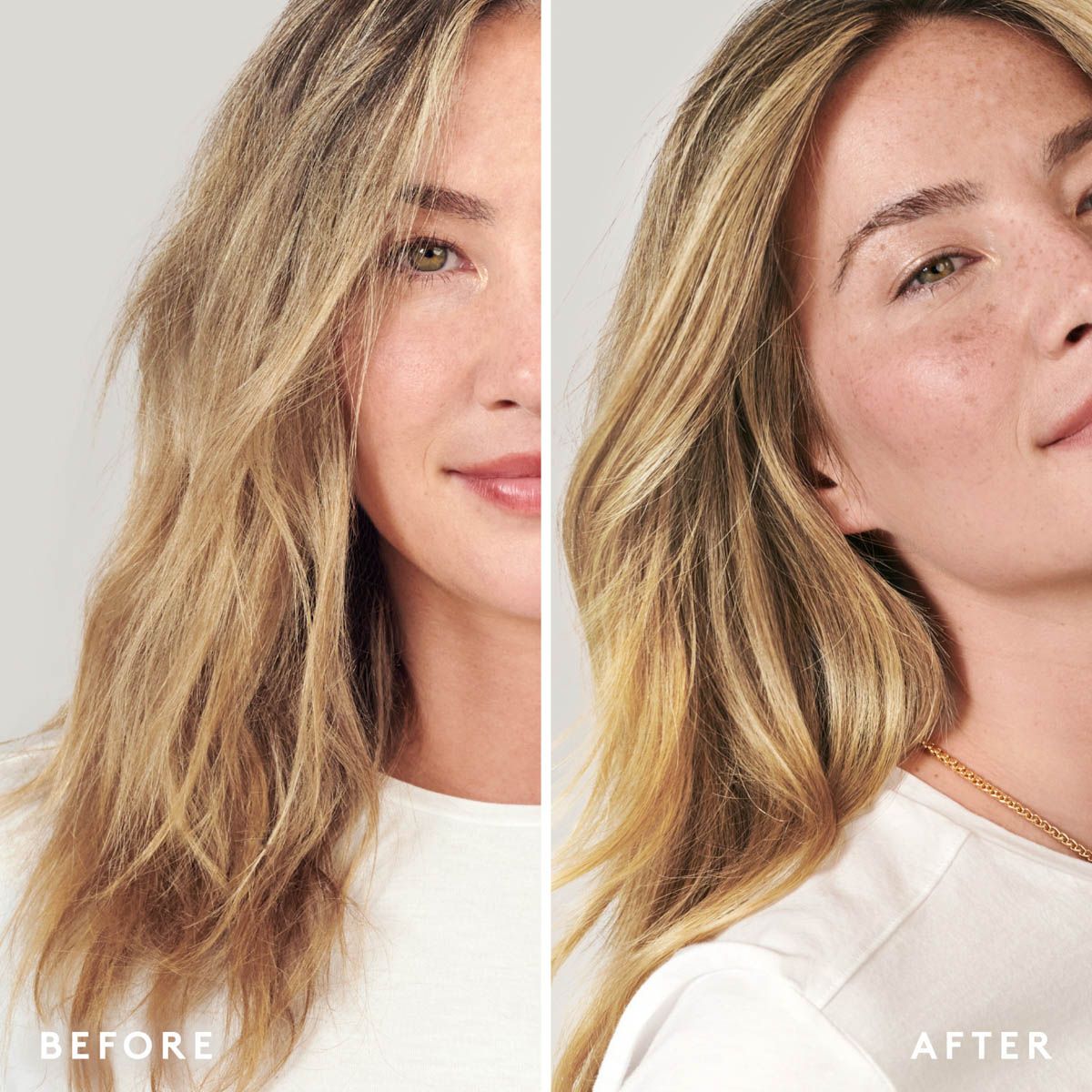 Side-by-side comparison of a woman's face with 'Before' and 'After' text, showing hair differences.