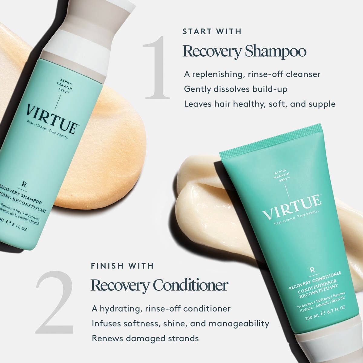 Virtue Recovery Shampoo and Conditioner bottles with text on a white background