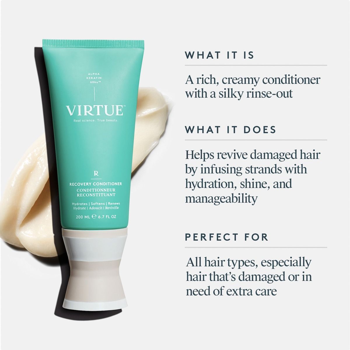 Virtue hair care product with text describing its benefits on a light background