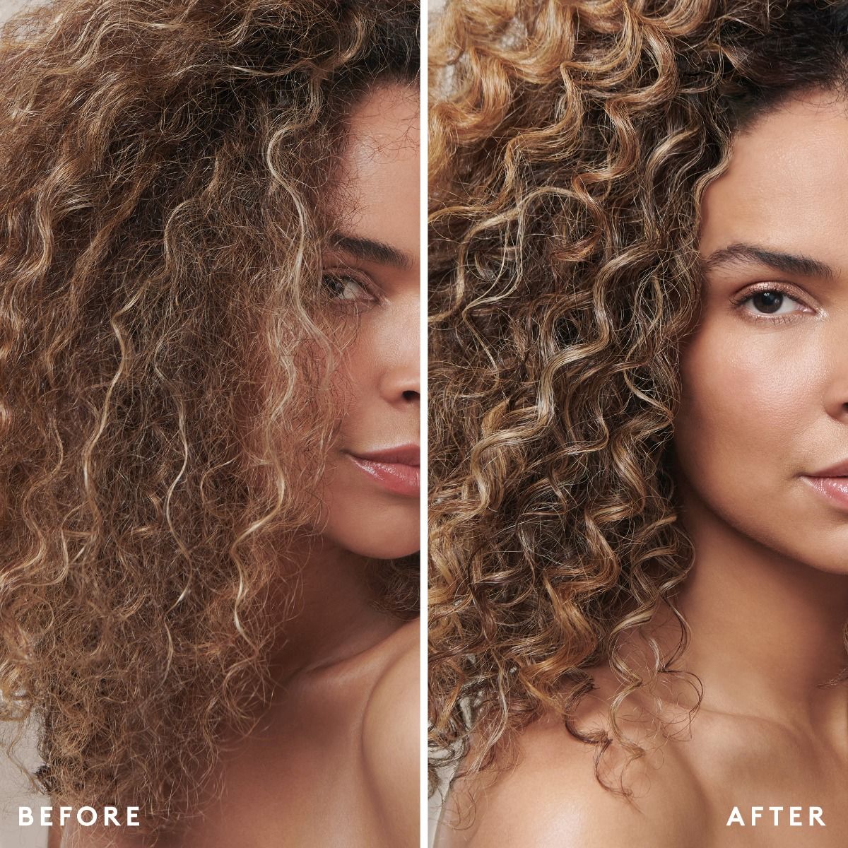 Before and after comparison of a woman with curly hair, showing the difference in color and texture.