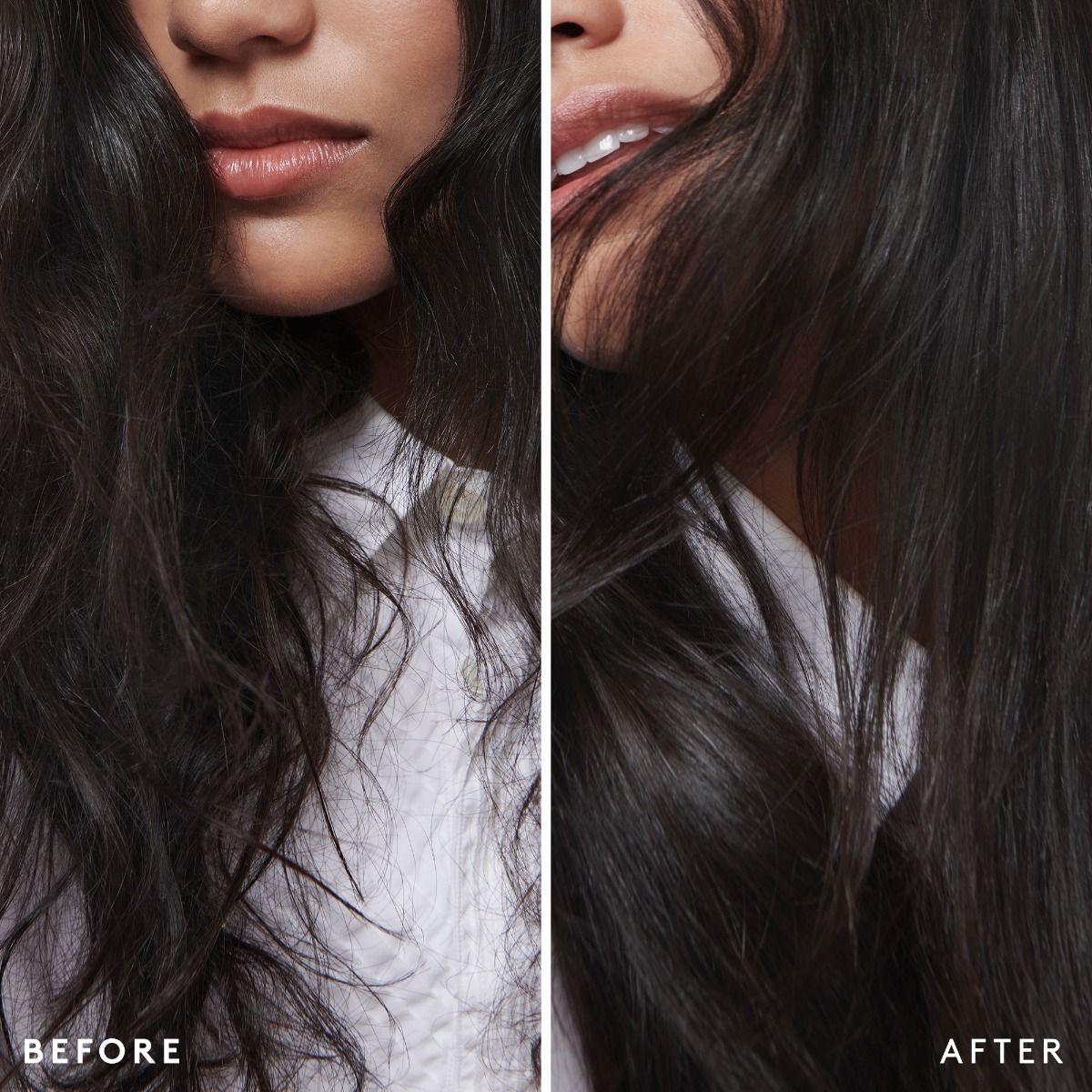 Before and after comparison of hair with a close-up of a person's face.